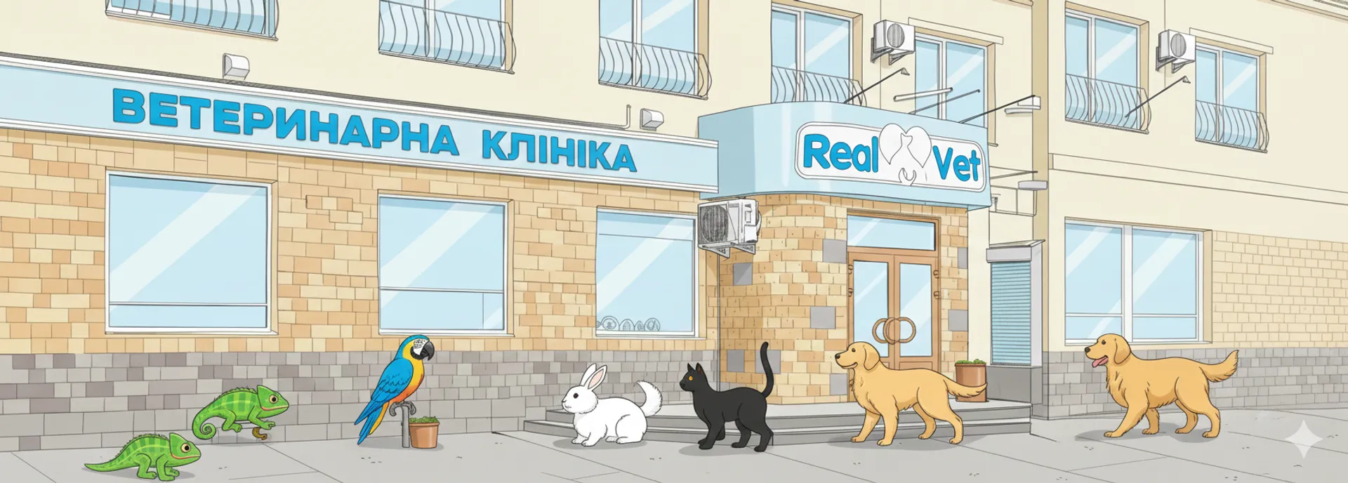 Ветеринарна клініка RealVet — фасад з домашніми улюбленцями: хамелеон, папуга, кролик, кіт, собака